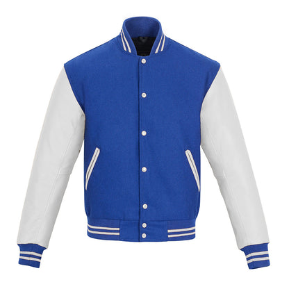 Biker Gear Pro Classic Hybrid Varsity Jacket University Letterman Bomber Jacket-Pure Wool & Original Cowhide Leather Jacket, Royal Blue Wool Body & White Leather Sleeves