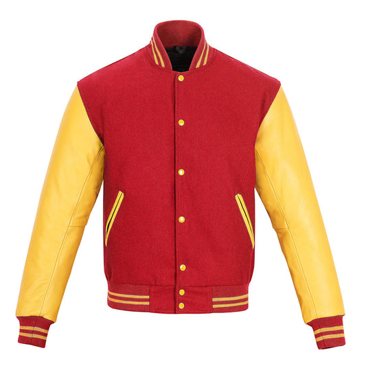 Biker Gear Pro Classic Hybrid Varsity Jacket University Letterman Bomber Jacket, Pure Wool & Original Cowhide Leather Jacket, Red Wool Body & Gold Leather Sleeves