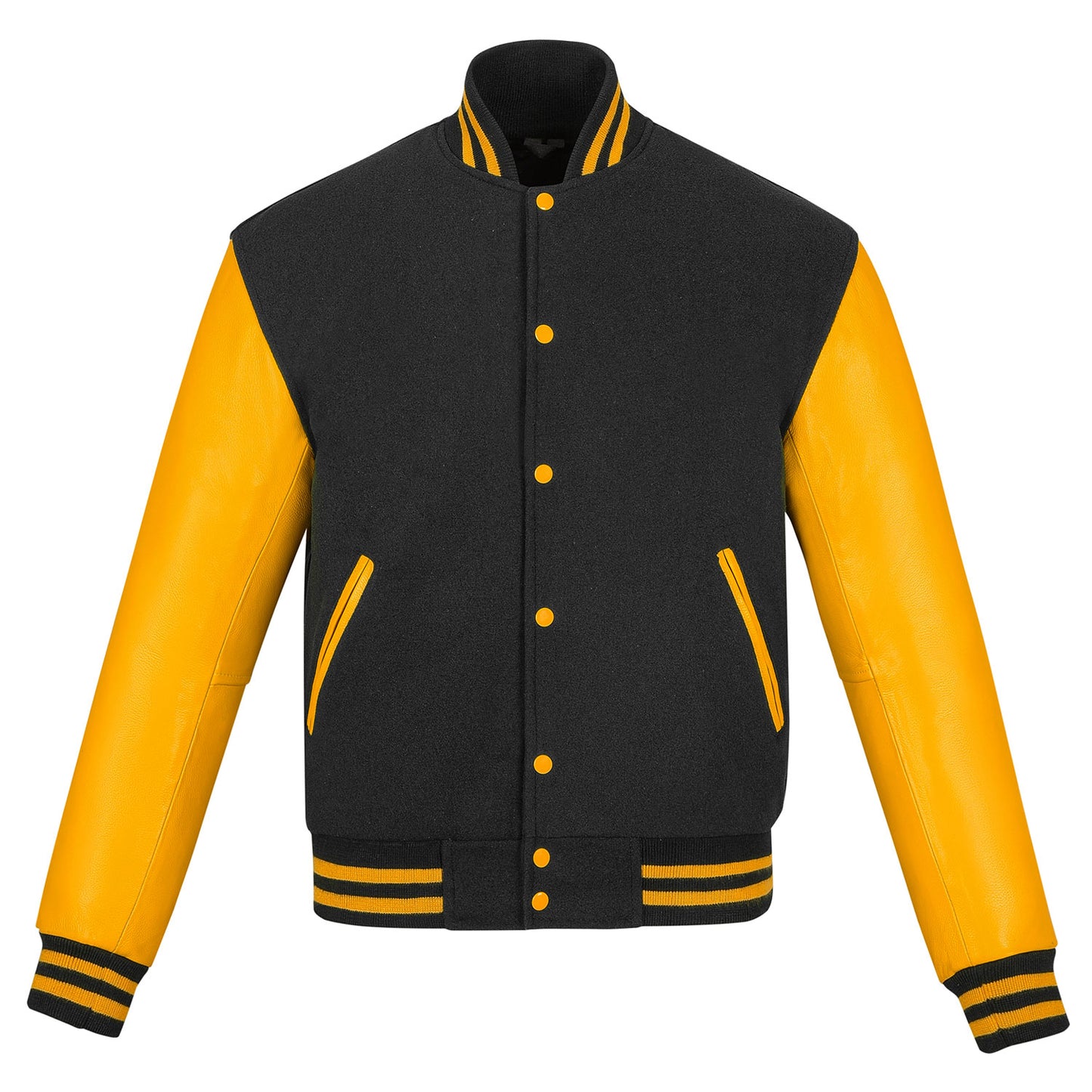 Biker Gear Pro Classic Hybrid Varsity Jacket University Letterman Bomber Jacket-Pure Wool & Original Cowhide Leather Jacket, Black Wool Body & Gold Leather Sleeves