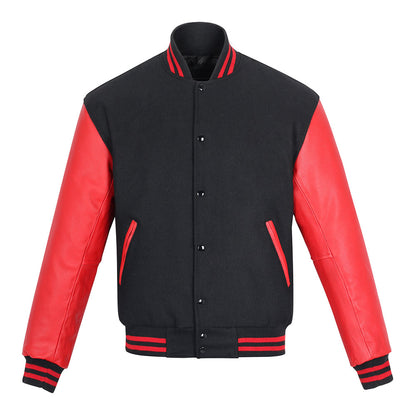 Biker Gear Pro Classic Hybrid Varsity Jacket University Letterman Bomber Jacket-Pure Wool & Original Cowhide Leather Jacket, Black Wool Body & Red Leather Sleeves