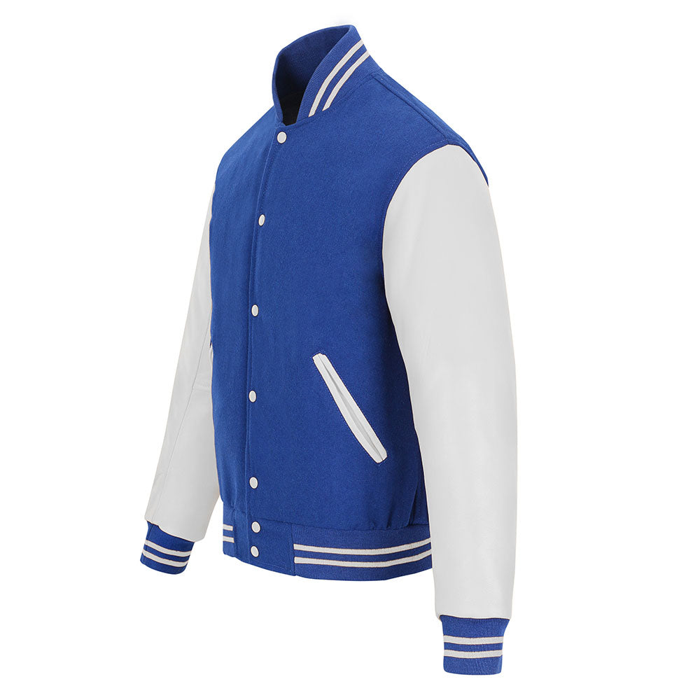 Biker Gear Pro Classic Hybrid Varsity Jacket University Letterman Bomber Jacket-Pure Wool & Original Cowhide Leather Jacket, Royal Blue Wool Body & White Leather Sleeves