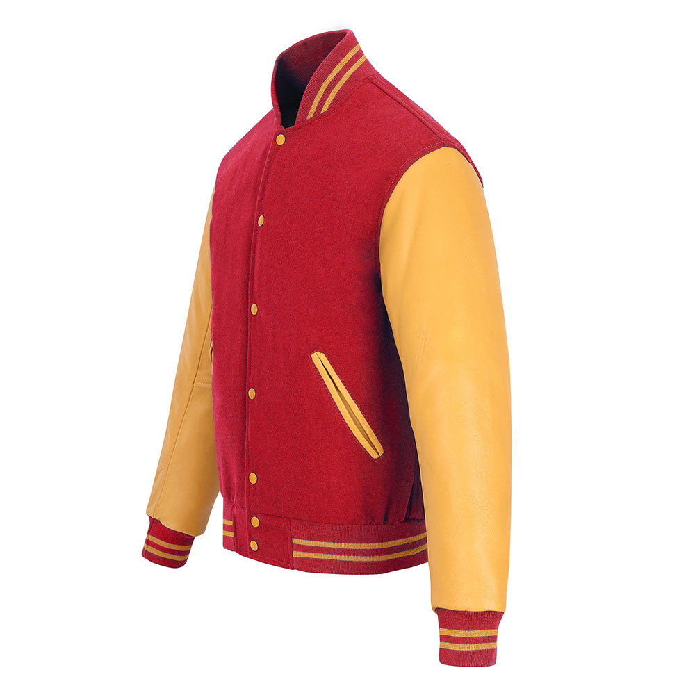 Biker Gear Pro Classic Hybrid Varsity Jacket University Letterman Bomber Jacket, Pure Wool & Original Cowhide Leather Jacket, Red Wool Body & Gold Leather Sleeves