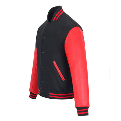 Biker Gear Pro Classic Hybrid Varsity Jacket University Letterman Bomber Jacket-Pure Wool & Original Cowhide Leather Jacket, Black Wool Body & Red Leather Sleeves