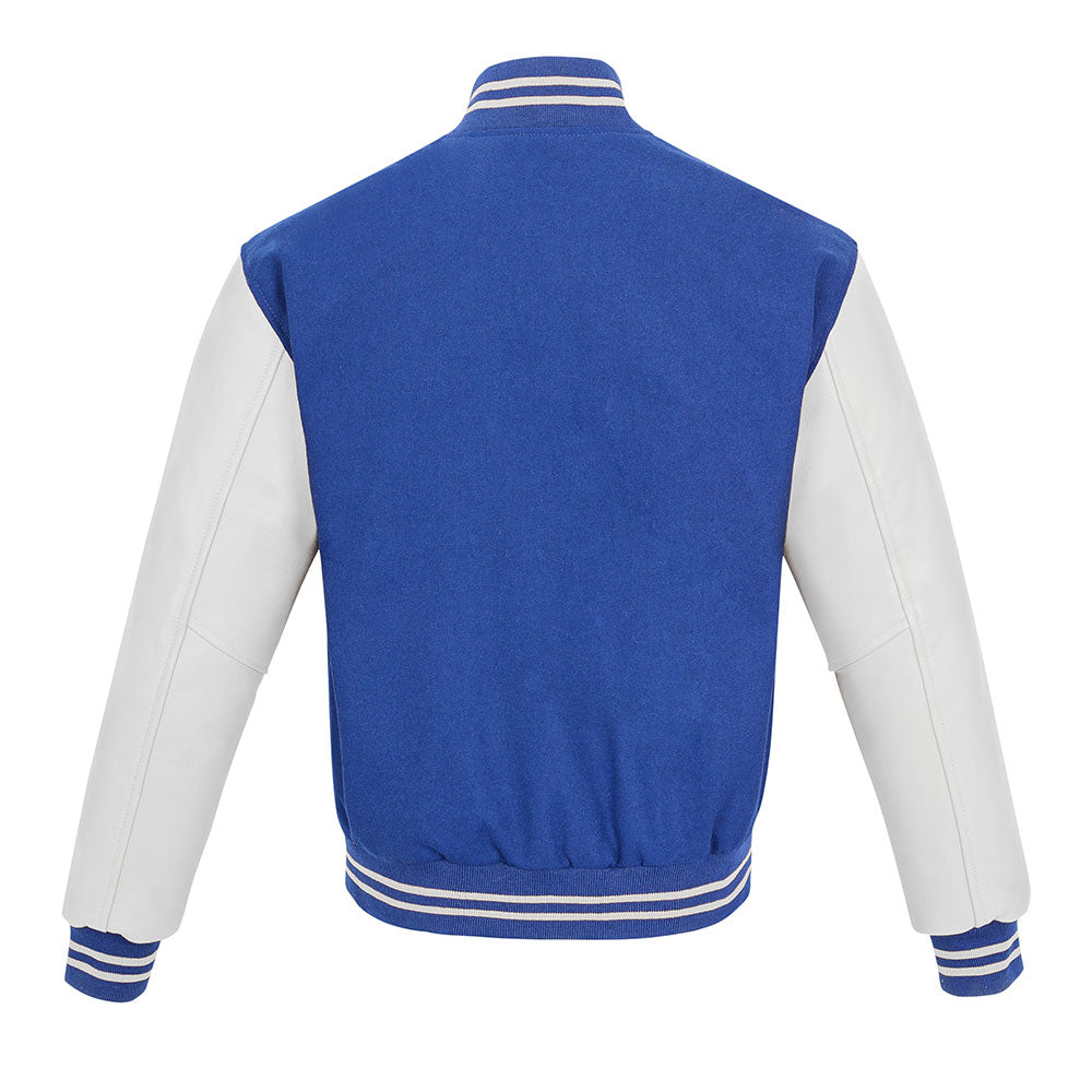 Biker Gear Pro Classic Hybrid Varsity Jacket University Letterman Bomber Jacket-Pure Wool & Original Cowhide Leather Jacket, Royal Blue Wool Body & White Leather Sleeves