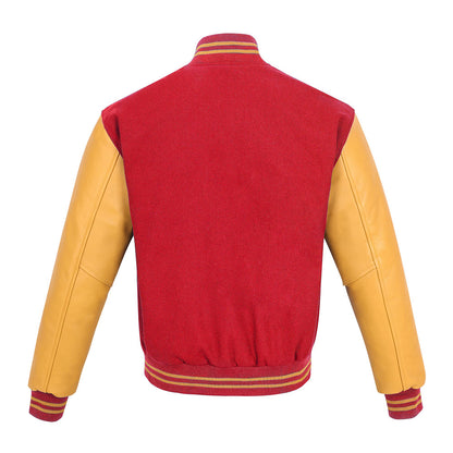 Biker Gear Pro Classic Hybrid Varsity Jacket University Letterman Bomber Jacket, Pure Wool & Original Cowhide Leather Jacket, Red Wool Body & Gold Leather Sleeves