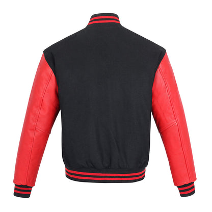 Biker Gear Pro Classic Hybrid Varsity Jacket University Letterman Bomber Jacket-Pure Wool & Original Cowhide Leather Jacket, Black Wool Body & Red Leather Sleeves