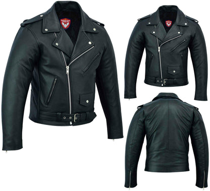 Biker Gear Pro Perfecto Marlo Brando Cowhide Leather Motorcycle Jacket for Men - Black