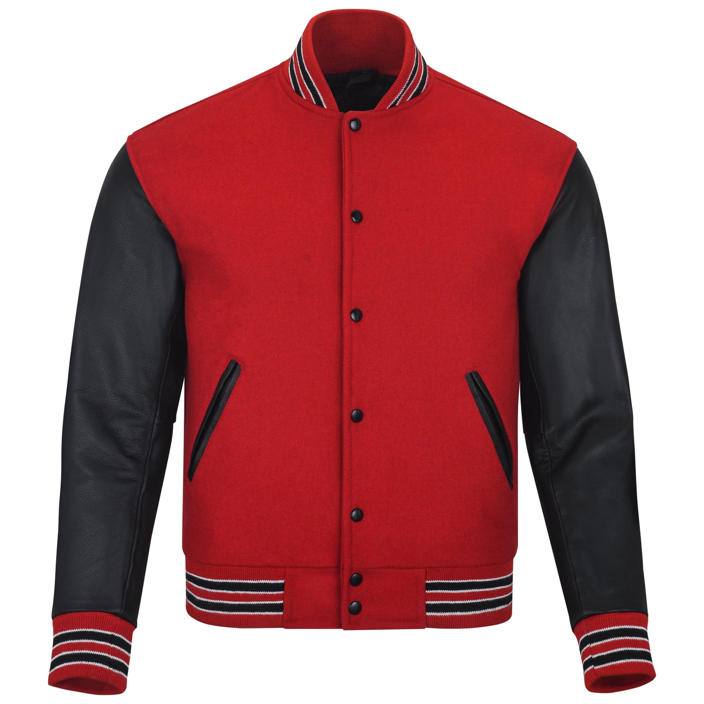 Biker Gear Pro Classic Hybrid Varsity Jacket University Letterman Bomber Jacket-Pure Wool & Original Cowhide Leather Jacket, Red Wool Body & Black Leather Sleeves