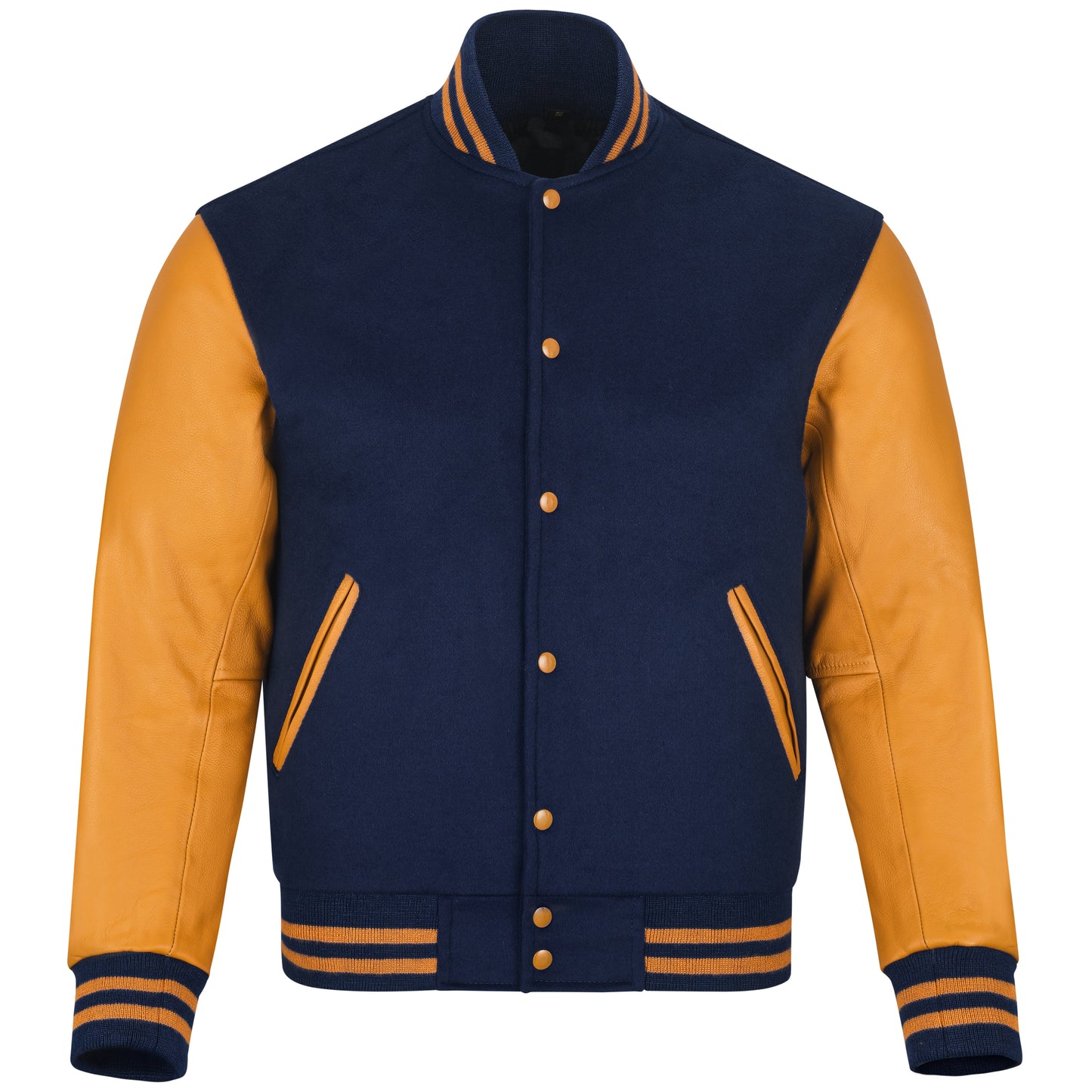 Biker Gear Pro Classic Hybrid Varsity Jacket University Letterman Bomber Jacket, Pure Wool & Original Cowhide Leather Jacket, Navy Blue Wool Body & Gold Leather Sleeves