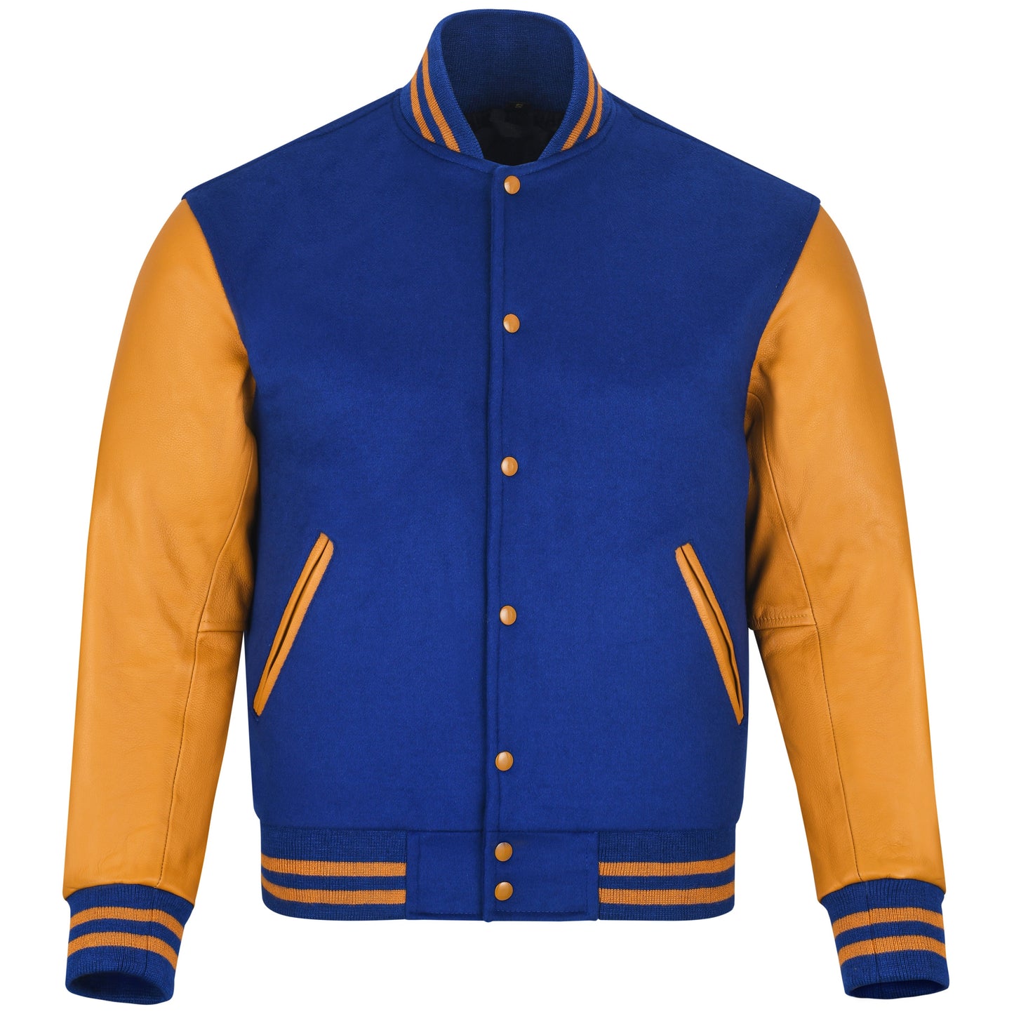 Biker Gear Pro Classic Hybrid Varsity Jacket University Letterman Bomber Jacket, Pure Wool & Original Cowhide Leather Jacket, Royal Blue Wool Body & Gold Leather Sleeves