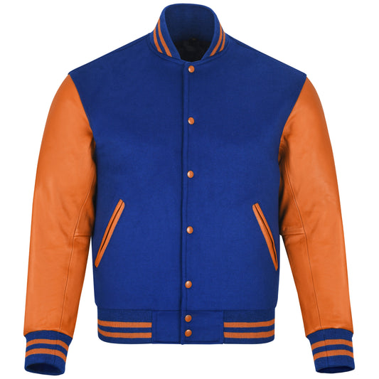 Biker Gear Pro Classic Hybrid Varsity Jacket University Letterman Bomber Jacket, Pure Wool & Original Cowhide Leather Jacket, Royal Blue Wool Body & Orange Leather Sleeves