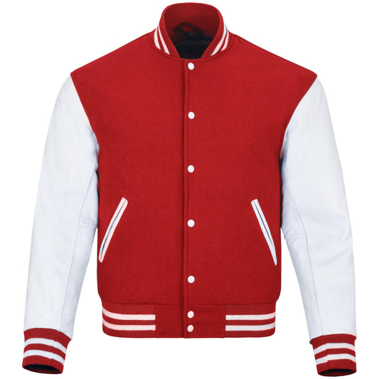 Biker Gear Pro Classic Varsity Jacket University Letterman Bomber Jacket-Pure Wool & Original Cowhide Leather Jacket- Red Pure Wool Body & White Real Leather Sleeves