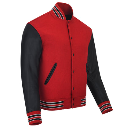 Biker Gear Pro Classic Hybrid Varsity Jacket University Letterman Bomber Jacket-Pure Wool & Original Cowhide Leather Jacket, Red Wool Body & Black Leather Sleeves