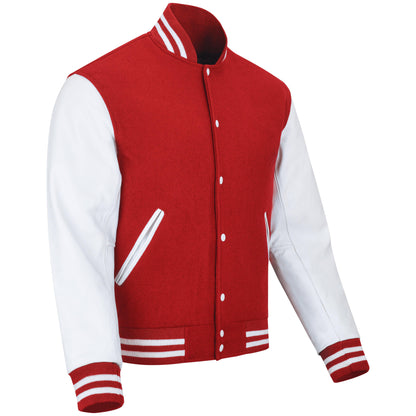 Biker Gear Pro Classic Varsity Jacket University Letterman Bomber Jacket-Pure Wool & Original Cowhide Leather Jacket- Red Pure Wool Body & White Real Leather Sleeves