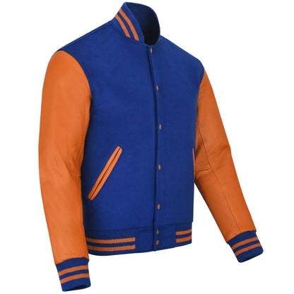 Biker Gear Pro Classic Hybrid Varsity Jacket University Letterman Bomber Jacket, Pure Wool & Original Cowhide Leather Jacket, Royal Blue Wool Body & Orange Leather Sleeves