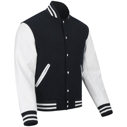 Biker Gear Pro Classic Hybrid Varsity Jacket University Letterman Bomber Jacket-Pure Wool & Original Cowhide Leather Jacket-Black Pure Wool Body & White Real Leather Sleeves