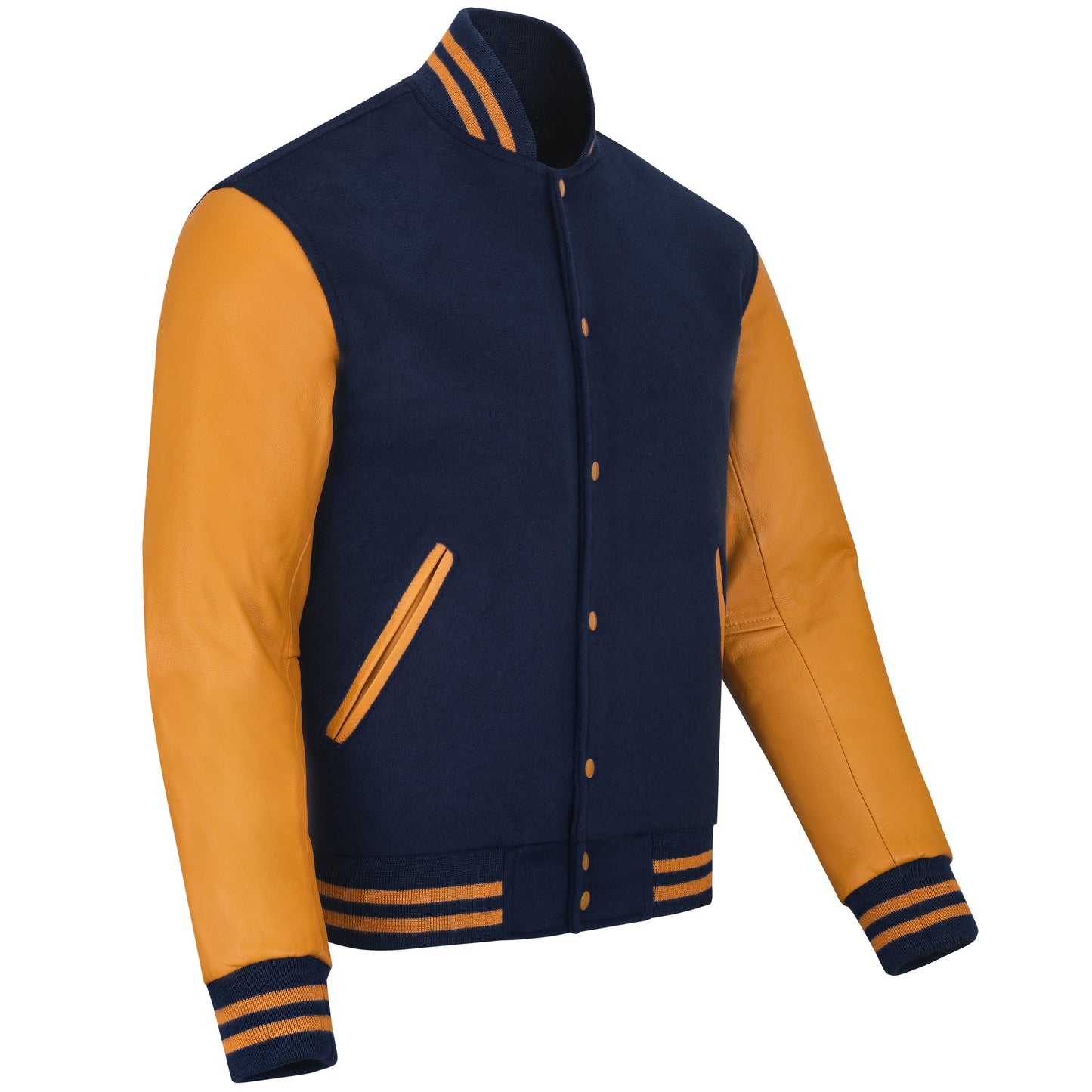 Biker Gear Pro Classic Hybrid Varsity Jacket University Letterman Bomber Jacket, Pure Wool & Original Cowhide Leather Jacket, Navy Blue Wool Body & Gold Leather Sleeves