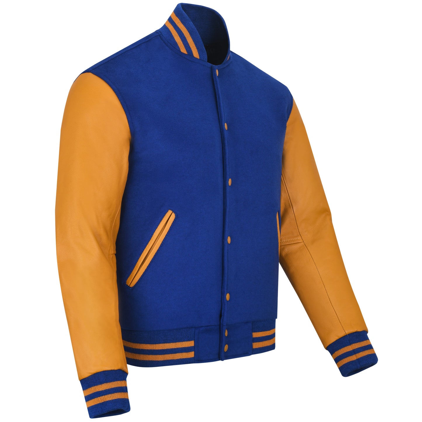 Biker Gear Pro Classic Hybrid Varsity Jacket University Letterman Bomber Jacket, Pure Wool & Original Cowhide Leather Jacket, Royal Blue Wool Body & Gold Leather Sleeves