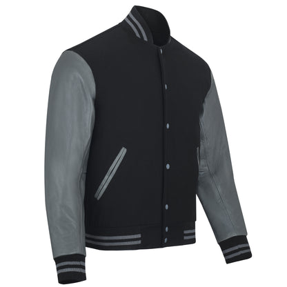 Biker Gear Pro Classic Hybrid Varsity Jacket University Letterman Bomber Jacket, Pure Wool & Original Cowhide Leather Jacket, Black Wool Body & Grey Leather Sleeves