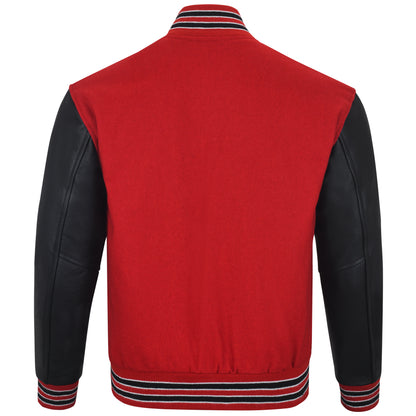 Biker Gear Pro Classic Hybrid Varsity Jacket University Letterman Bomber Jacket-Pure Wool & Original Cowhide Leather Jacket, Red Wool Body & Black Leather Sleeves