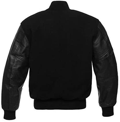 Biker Gear Pro Classic Hybrid Varsity Jacket University Letterman Bomber Jacket-Pure Wool & Original Cowhide Leather Jacket-Black Wool Body & Black Leather Sleeves