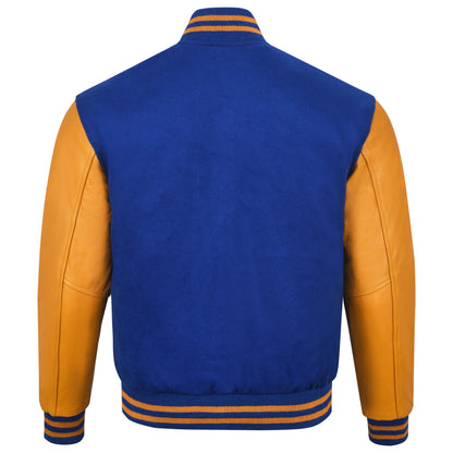 Biker Gear Pro Classic Hybrid Varsity Jacket University Letterman Bomber Jacket, Pure Wool & Original Cowhide Leather Jacket, Royal Blue Wool Body & Gold Leather Sleeves