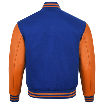 Biker Gear Pro Classic Hybrid Varsity Jacket University Letterman Bomber Jacket, Pure Wool & Original Cowhide Leather Jacket, Royal Blue Wool Body & Orange Leather Sleeves