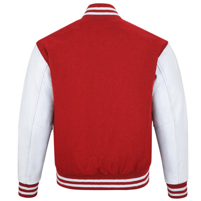 Biker Gear Pro Classic Varsity Jacket University Letterman Bomber Jacket-Pure Wool & Original Cowhide Leather Jacket- Red Pure Wool Body & White Real Leather Sleeves