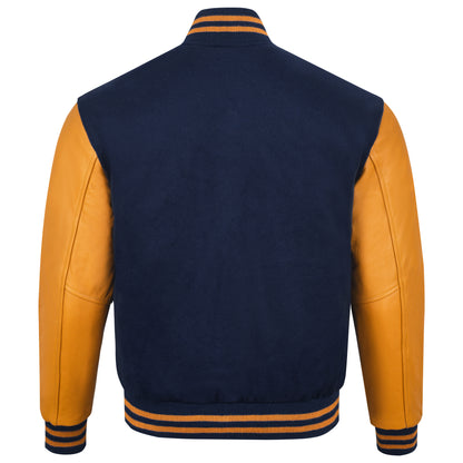 Biker Gear Pro Classic Hybrid Varsity Jacket University Letterman Bomber Jacket, Pure Wool & Original Cowhide Leather Jacket, Navy Blue Wool Body & Gold Leather Sleeves