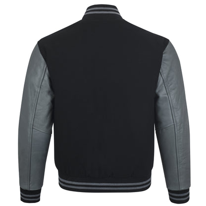 Biker Gear Pro Classic Hybrid Varsity Jacket University Letterman Bomber Jacket, Pure Wool & Original Cowhide Leather Jacket, Black Wool Body & Grey Leather Sleeves