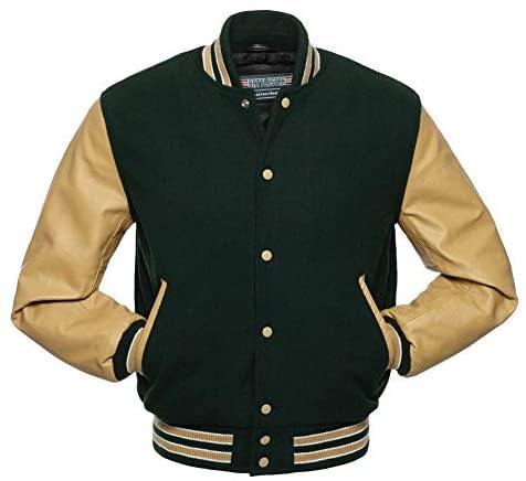 Biker Gear Pro Classic Hybrid Varsity Jacket University Letterman Bomber Jacket-Forest Green Pure Wool Body & Tan Real Leather Sleeves