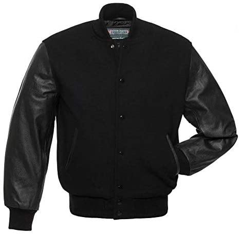 Biker Gear Pro Classic Hybrid Varsity Jacket University Letterman Bomber Jacket-Pure Wool & Original Cowhide Leather Jacket-Black Wool Body & Black Leather Sleeves