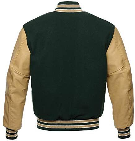 Biker Gear Pro Classic Hybrid Varsity Jacket University Letterman Bomber Jacket-Forest Green Pure Wool Body & Tan Real Leather Sleeves