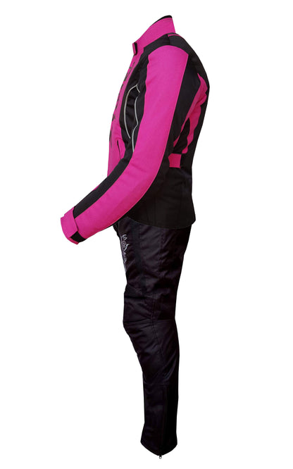 Biker Gear Pro Ladies Motorcycle Suit Waterproof Breathable CE Armoured Motorbike Jacket Trouser Set-Suit- Black & Pink