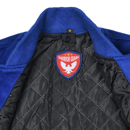 Biker Gear Pro Classic Hybrid Varsity Jacket University Letterman Bomber Jacket, Pure Wool & Original Cowhide Leather Jacket, Royal Blue Wool Body & Orange Leather Sleeves