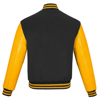 Biker Gear Pro Classic Hybrid Varsity Jacket University Letterman Bomber Jacket-Pure Wool & Original Cowhide Leather Jacket, Black Wool Body & Gold Leather Sleeves