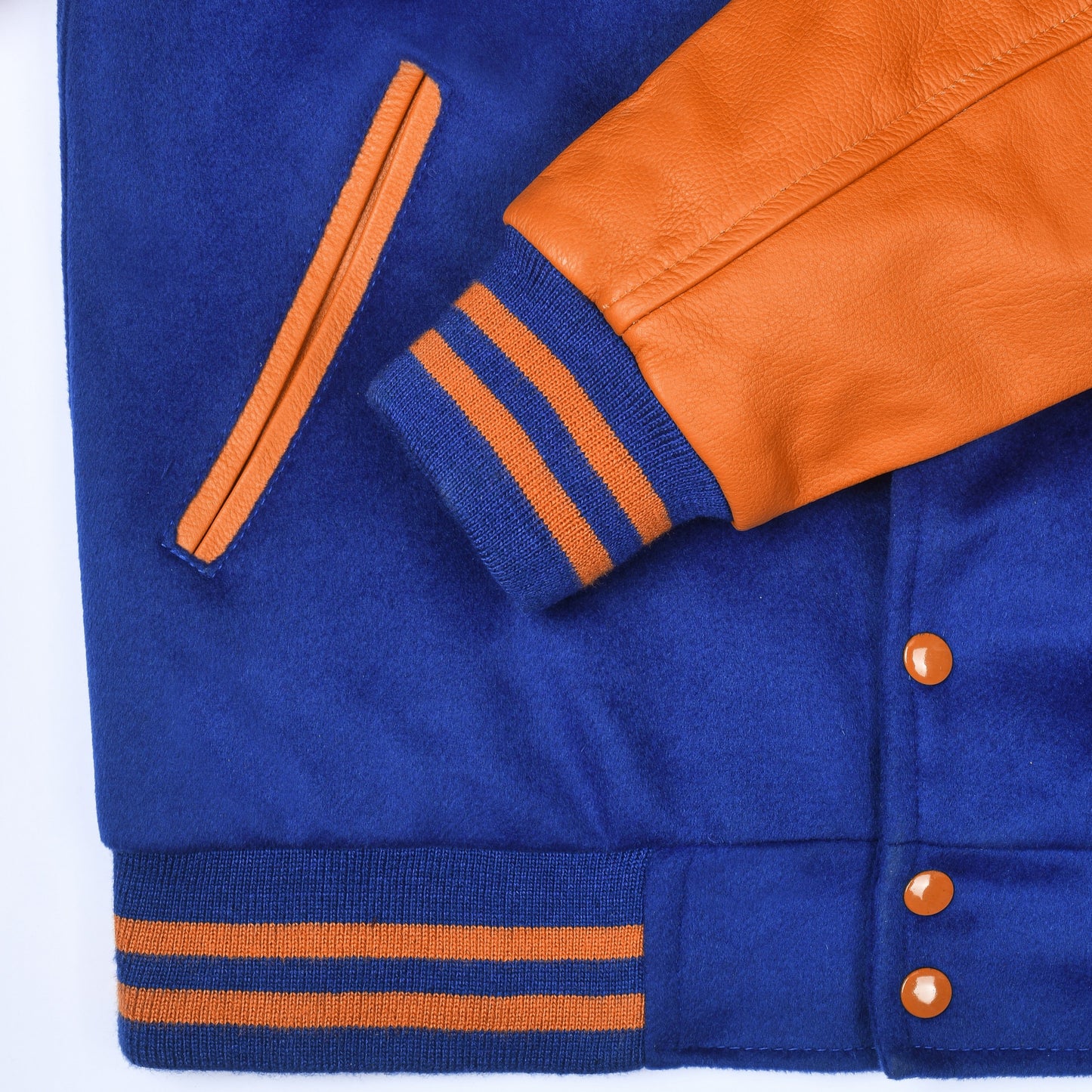 Biker Gear Pro Classic Hybrid Varsity Jacket University Letterman Bomber Jacket, Pure Wool & Original Cowhide Leather Jacket, Royal Blue Wool Body & Orange Leather Sleeves