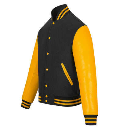 Biker Gear Pro Classic Hybrid Varsity Jacket University Letterman Bomber Jacket-Pure Wool & Original Cowhide Leather Jacket, Black Wool Body & Gold Leather Sleeves