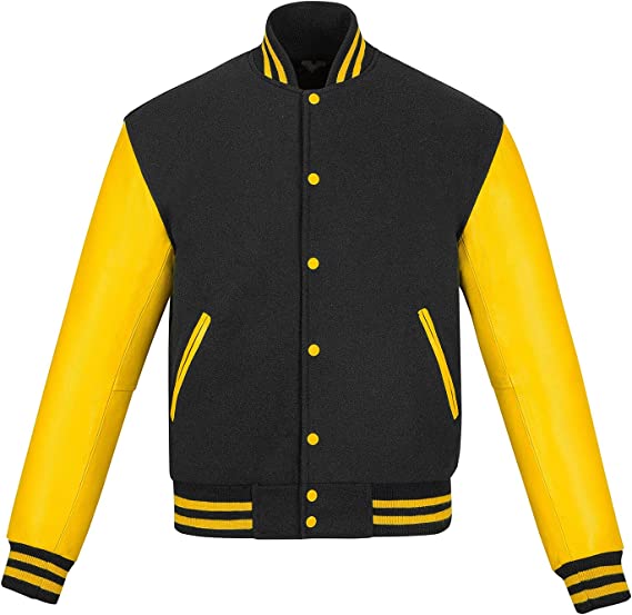 Biker Gear Pro Classic Hybrid Varsity Jacket University Letterman Bomber Jacket, Pure Wool & Original Cowhide Leather Jacket, Black Wool Body & Yellow Leather Sleeves