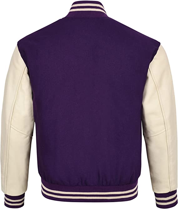 Biker Gear Pro Classic Hybrid Varsity Jacket University Letterman Bomber Jacket, Pure Wool & Original Cowhide Leather Jacket, Purple Wool Body & Cream Leather Sleeves