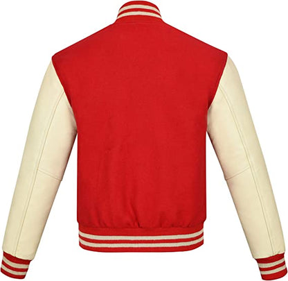 Biker Gear Pro Classic Hybrid Varsity Jacket University Letterman Bomber Jacket, Pure Wool & Original Cowhide Leather Jacket, Red Wool Body & Cream Leather Sleeves