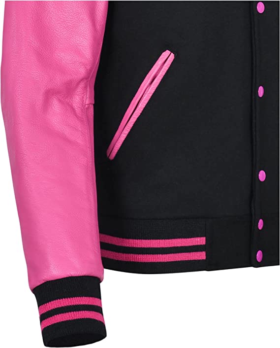 Biker Gear Pro Classic Hybrid Varsity Jacket University Letterman Bomber Jacket, Pure Wool & Original Cowhide Leather Jacket, Black Wool Body & Pink Leather Sleeves