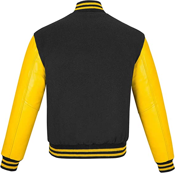 Biker Gear Pro Classic Hybrid Varsity Jacket University Letterman Bomber Jacket, Pure Wool & Original Cowhide Leather Jacket, Black Wool Body & Yellow Leather Sleeves