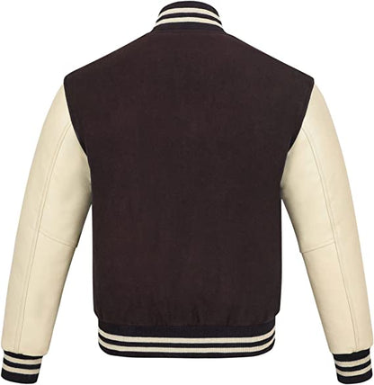 Biker Gear Pro Classic Hybrid Varsity Jacket University Letterman Bomber Jacket, Pure Wool & Original Cowhide Leather Jacket, Brown Wool Body & Cream Leather Sleeves