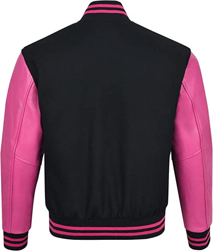 Biker Gear Pro Classic Hybrid Varsity Jacket University Letterman Bomber Jacket, Pure Wool & Original Cowhide Leather Jacket, Black Wool Body & Pink Leather Sleeves