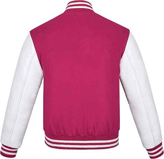 Biker Gear Pro Classic Hybrid Varsity Jacket University Letterman Bomber Jacket-Pure Wool & Original Cowhide Leather Jacket, Hot Pink Wool Body & White Leather Sleeves