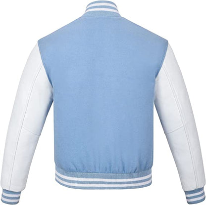 Biker Gear Pro Classic Hybrid Varsity Jacket University Letterman Bomber Jacket-Pure Wool & Original Cowhide Leather Jacket, Baby Blue Wool Body & White Leather Sleeves