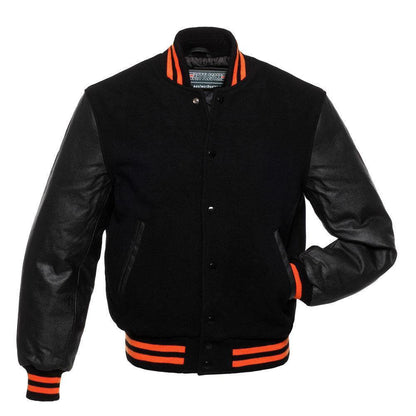 Biker Gear Pro Classic Hybrid Varsity Jacket University Letterman Bomber Jacket-Pure Wool & Original Cowhide Leather Jacket, All Black Wool Body & Leather Sleeves with Orange Ribs