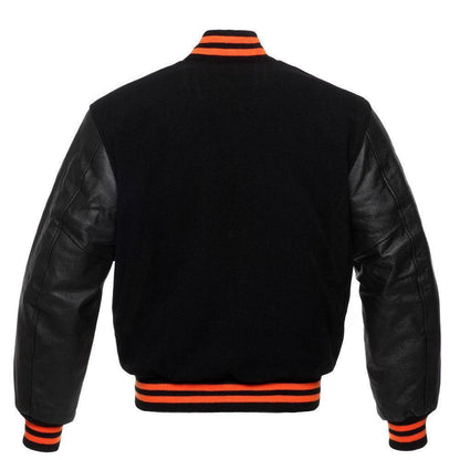 Biker Gear Pro Classic Hybrid Varsity Jacket University Letterman Bomber Jacket-Pure Wool & Original Cowhide Leather Jacket, All Black Wool Body & Leather Sleeves with Orange Ribs