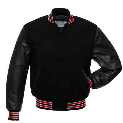 Biker Gear Pro Classic Hybrid Varsity Jacket University Letterman Bomber Jacket-Pure Wool & Original Cowhide Leather Jacket, All Black Wool Body & Leather Sleeves with Red Ribs